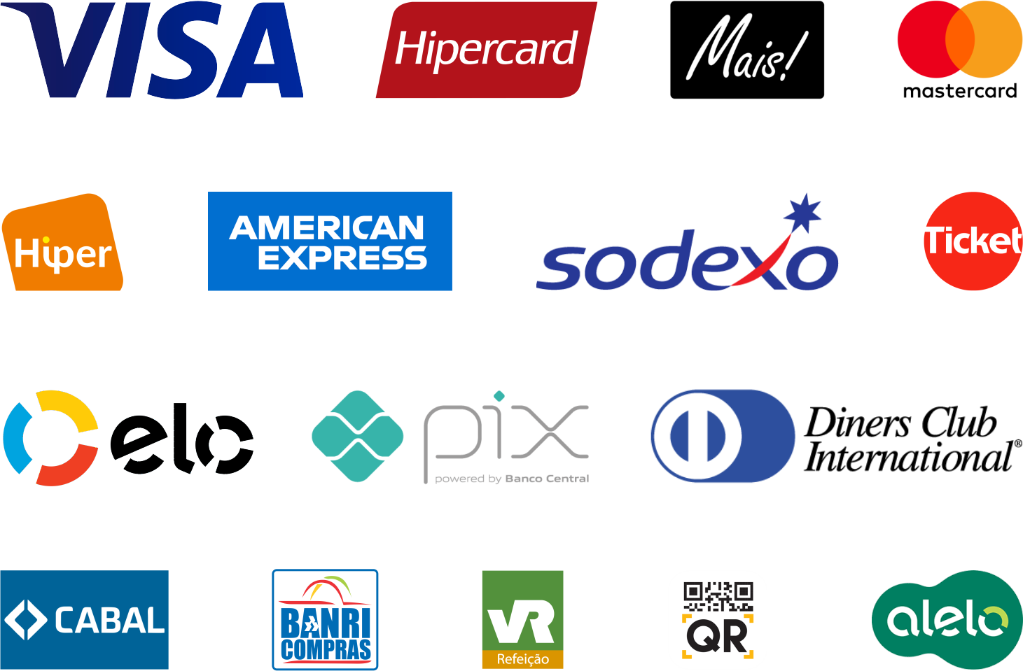 Bandeiras de cartão aceitas pela BelievePay incluindo Visa, Mastercard, Elo, Amex, Hipercard, Sodexo e outras